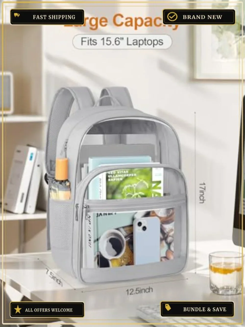 Clear Backpack Heavy Duty Transparent Bookbag for School Travel Security PVC